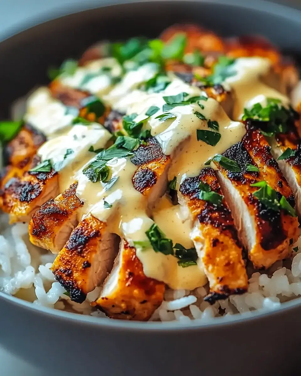 Hähnchen-Reis-Bowl mit cremiger Knoblauchsauce selber machen!