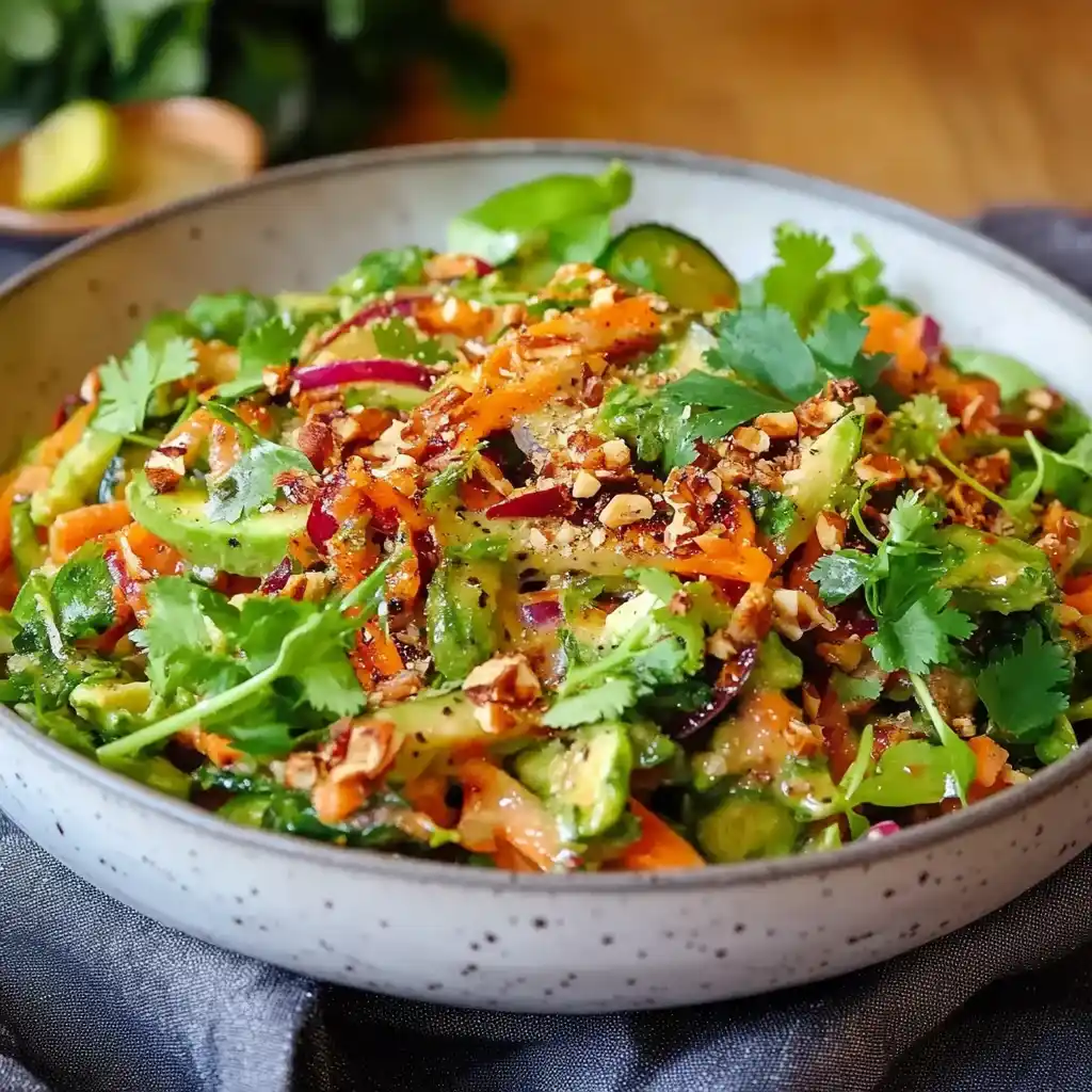Knuspriger Reissalat mit Erdnuss-Chili-Dressing genießen!