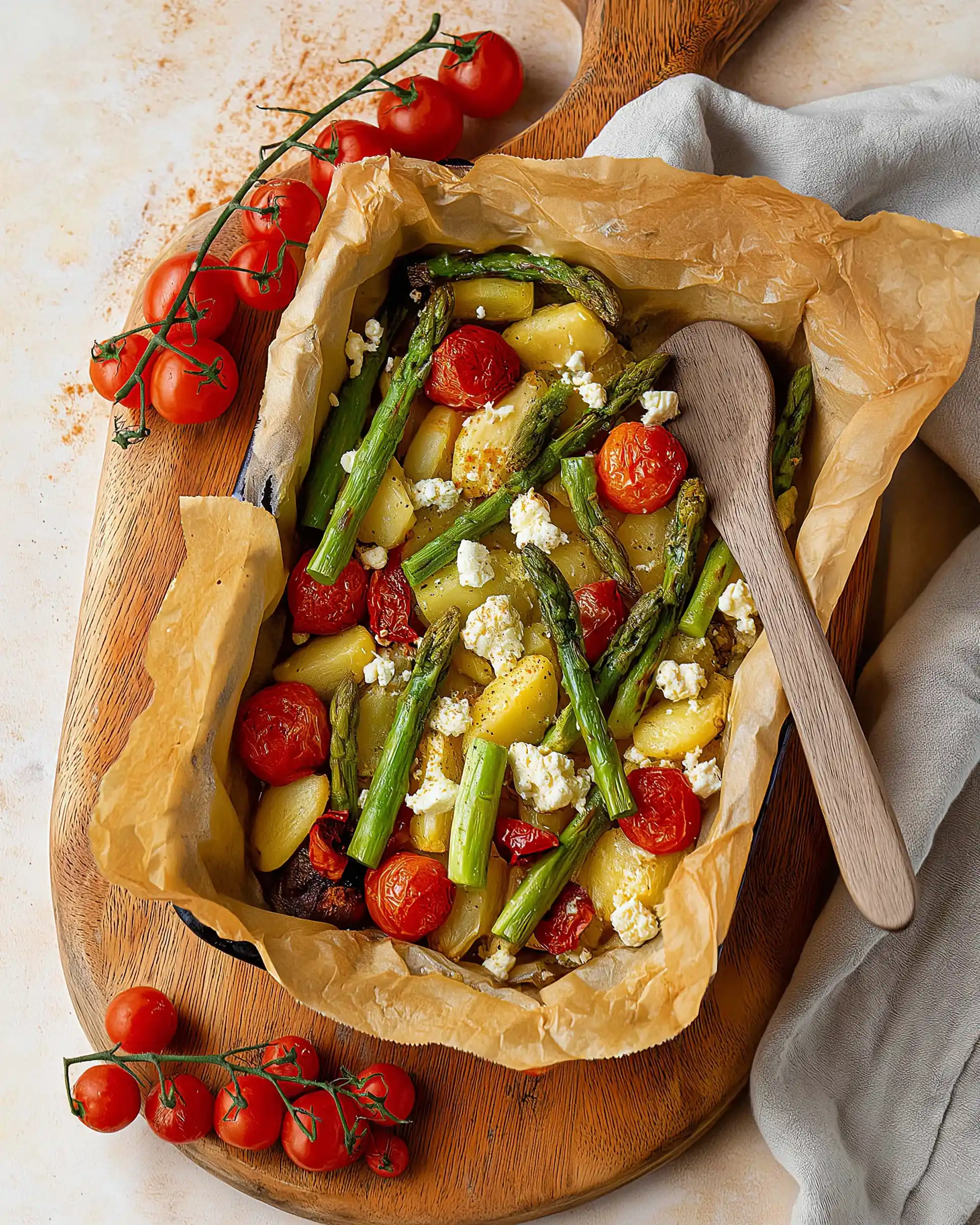 Ofenkartoffeln mit Spargel, Tomaten und Feta genießen!