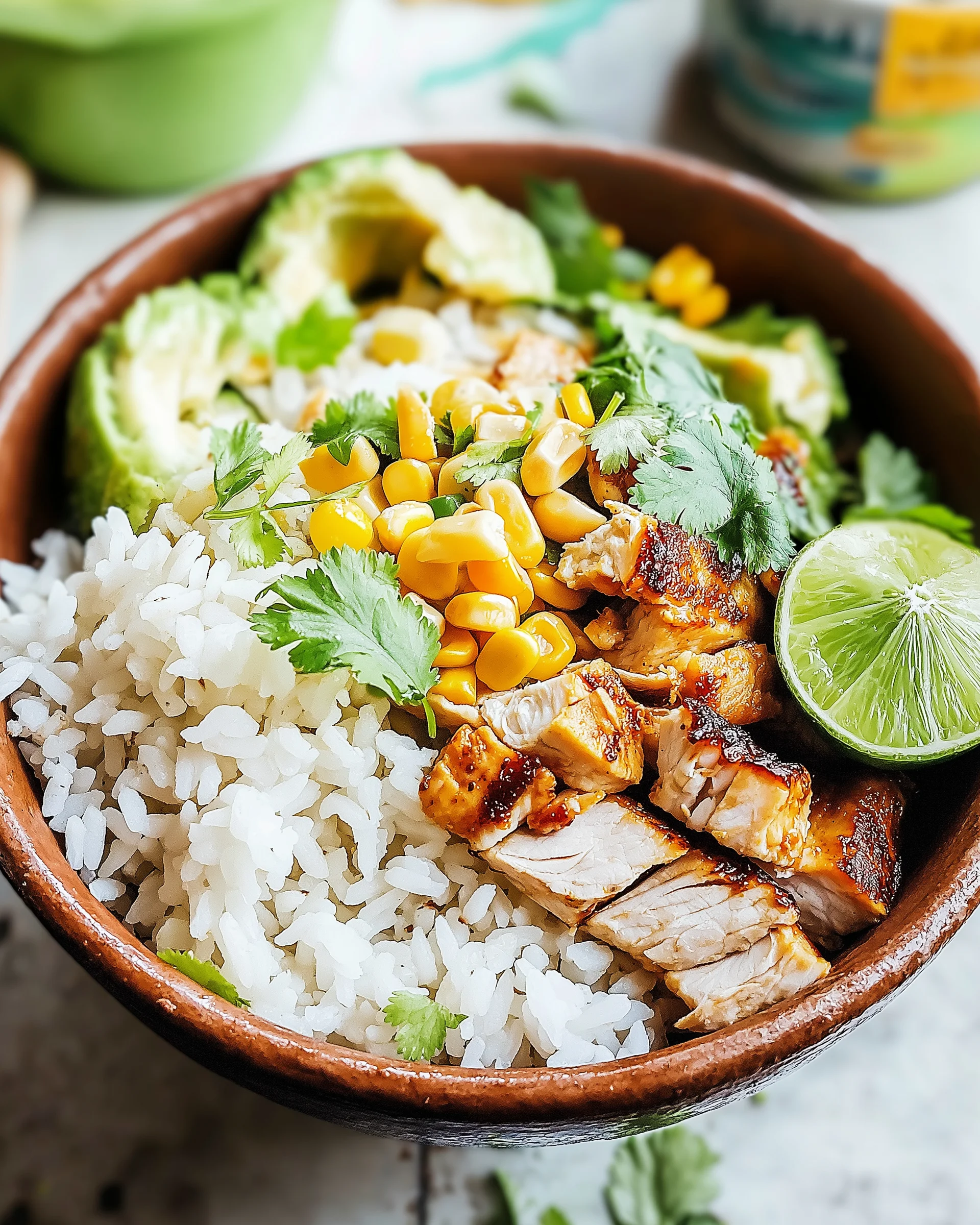 Mexikanische Straßenmais-Hühnchen-Reis-Schüssel genießen!