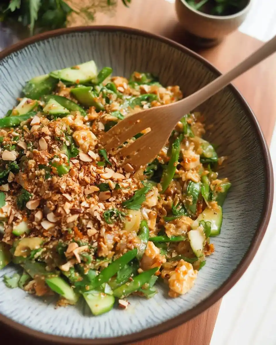 Crispy Reis-Salat mit Erdnuss-Dressing einfach zubereiten