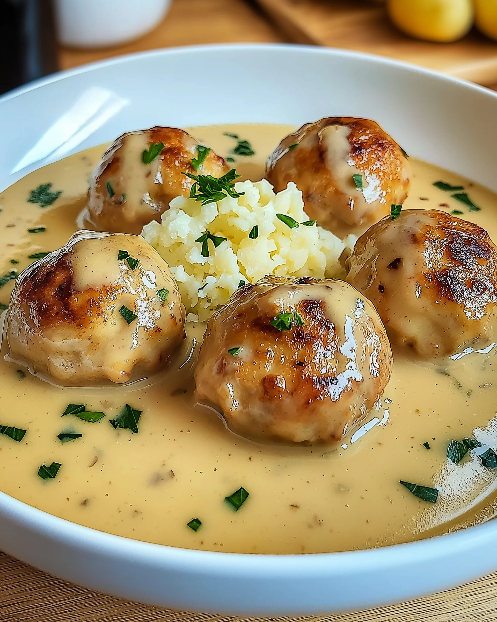 Hackbällchen in cremiger Sauce mit Kartoffelpüree genießen!