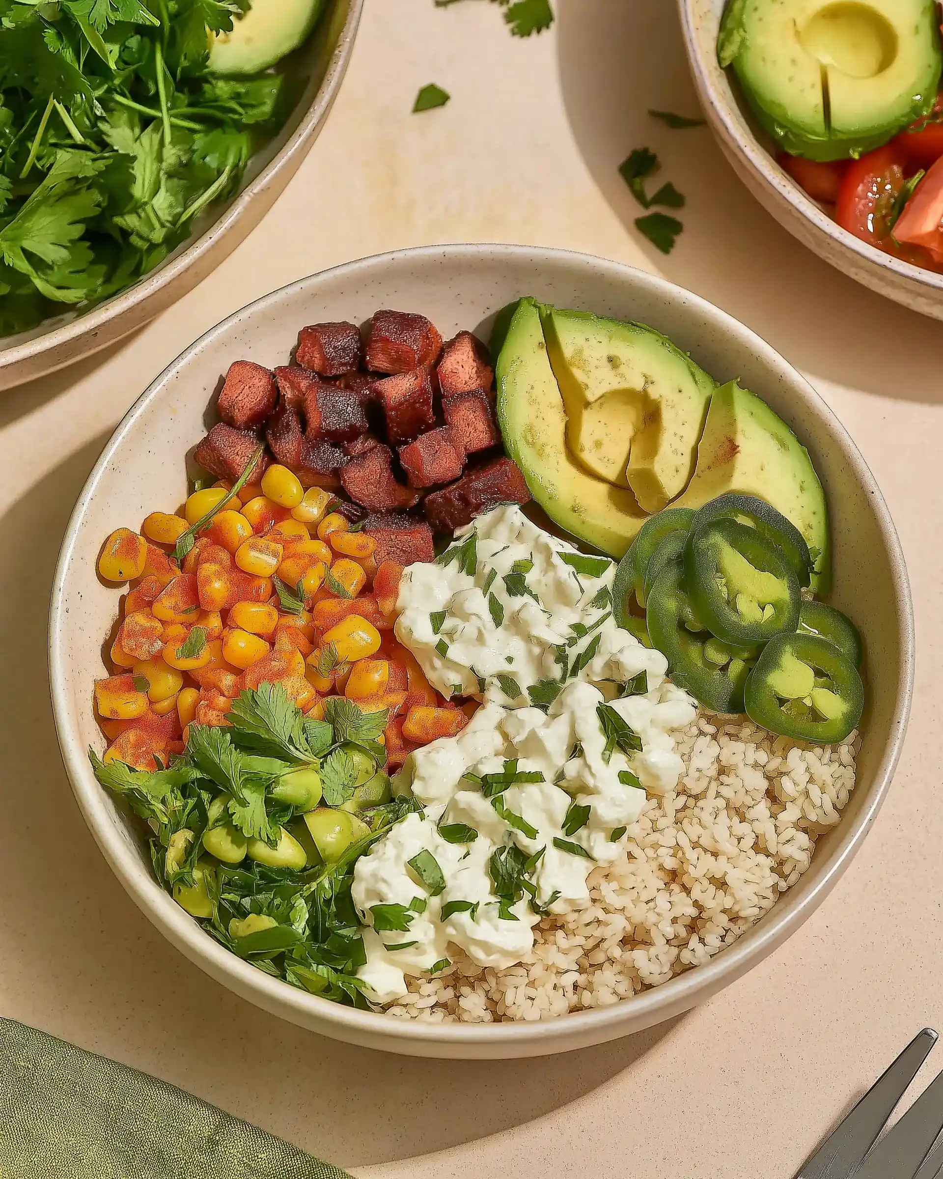 Hähnchen-Burrito-Bowl mit Koriander-Limetten-Reis genießen!