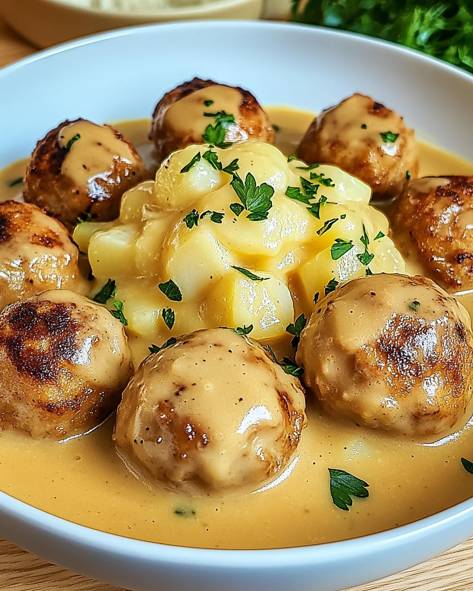 Hackbällchen in cremiger Sauce mit Kartoffelpüree genießen!