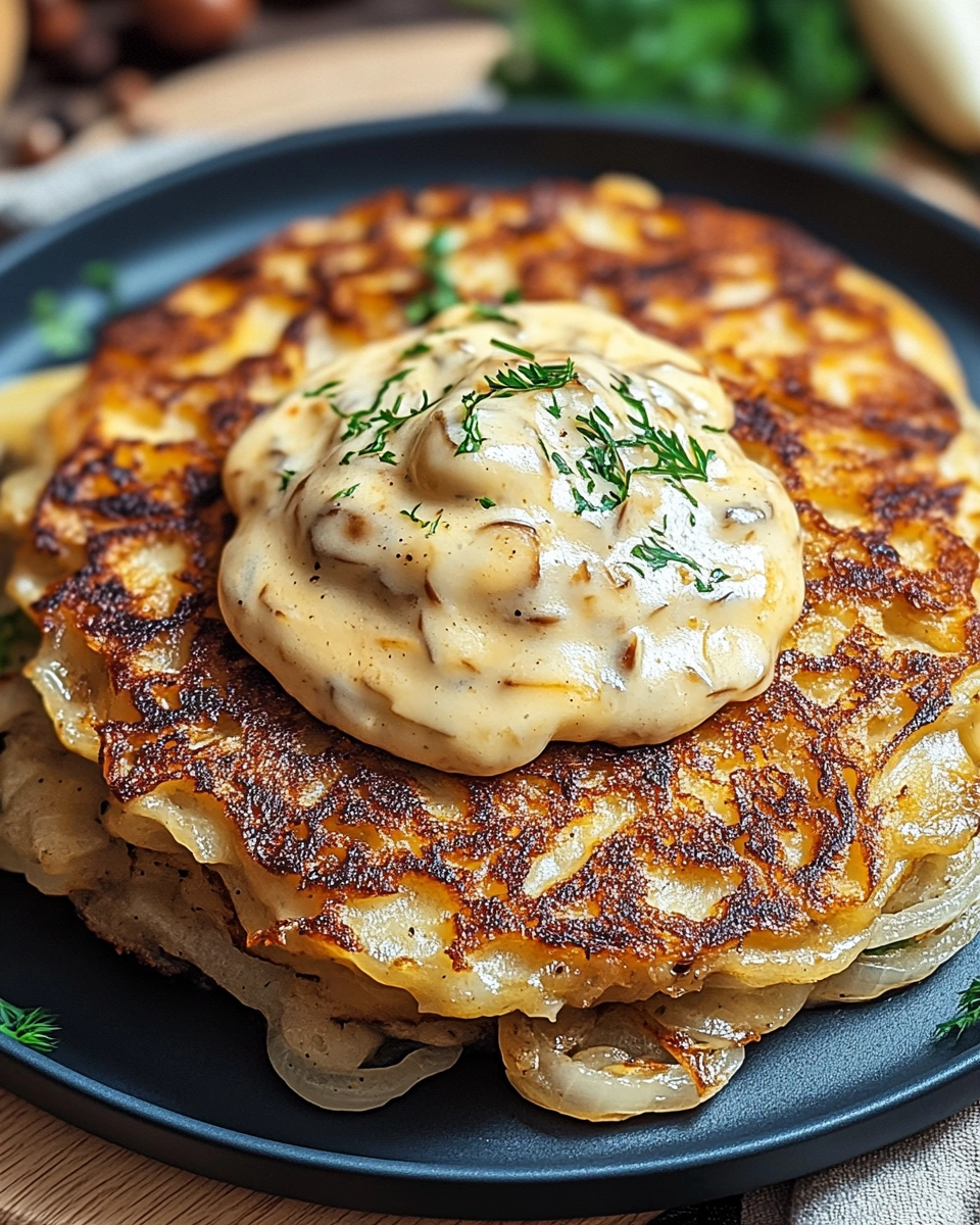 Mozzarella-Rösti mit Zwiebel-Pilzrahmsoße zum Genießen!