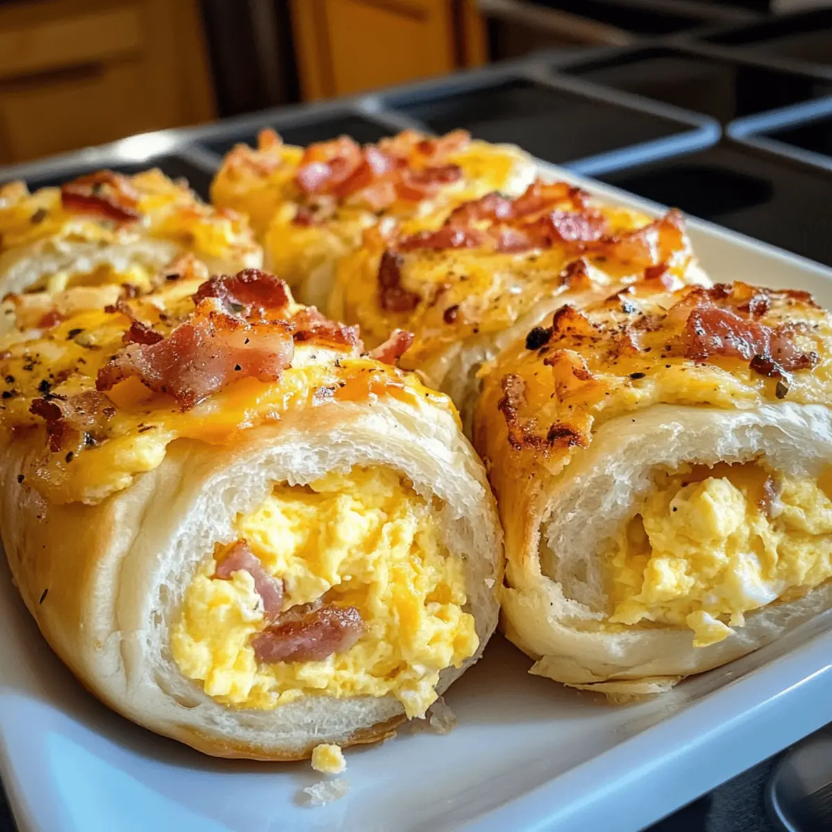 Frühstücksrollen mit Rührei, Käse und Bacon