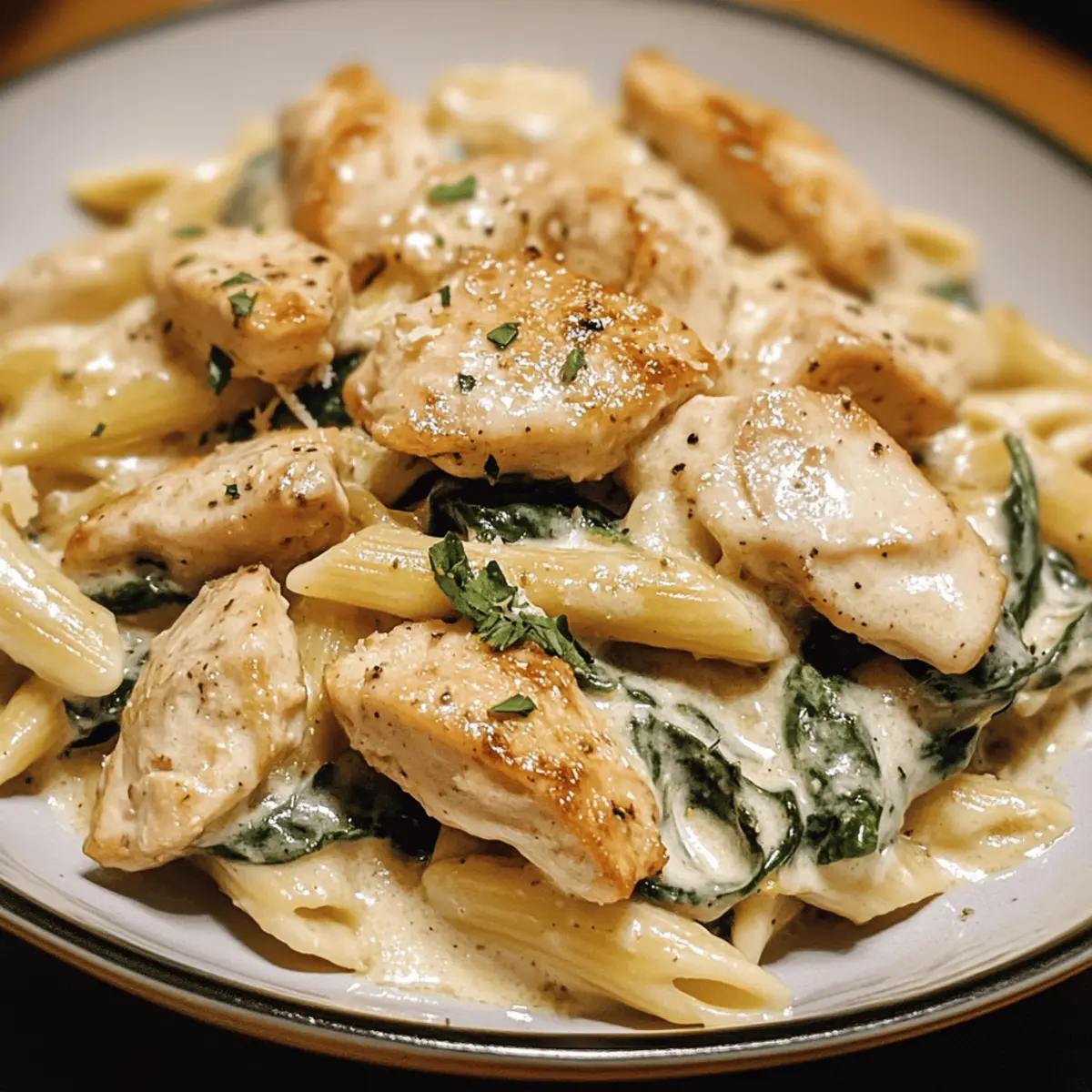 Frischkäse Spinat Hähnchen Pasta für schnelle Genüsse