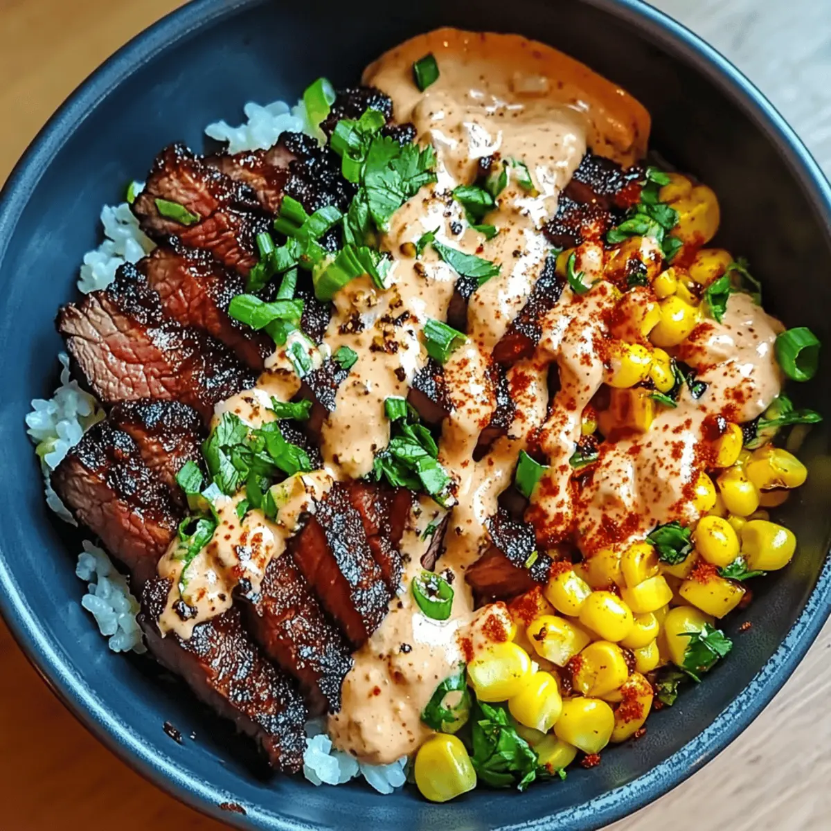 Koreanisches BBQ-Rinder-Bowl mit Mais und cremiger Sauce