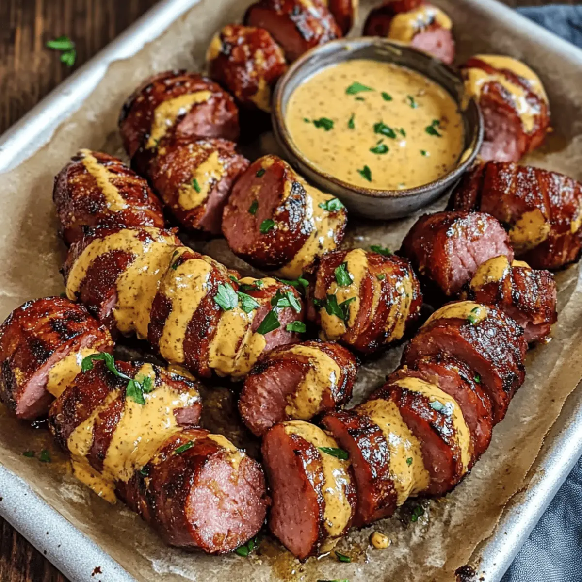 Senf Hasselback Kielbasa Bissen für dein Kochvergnügen