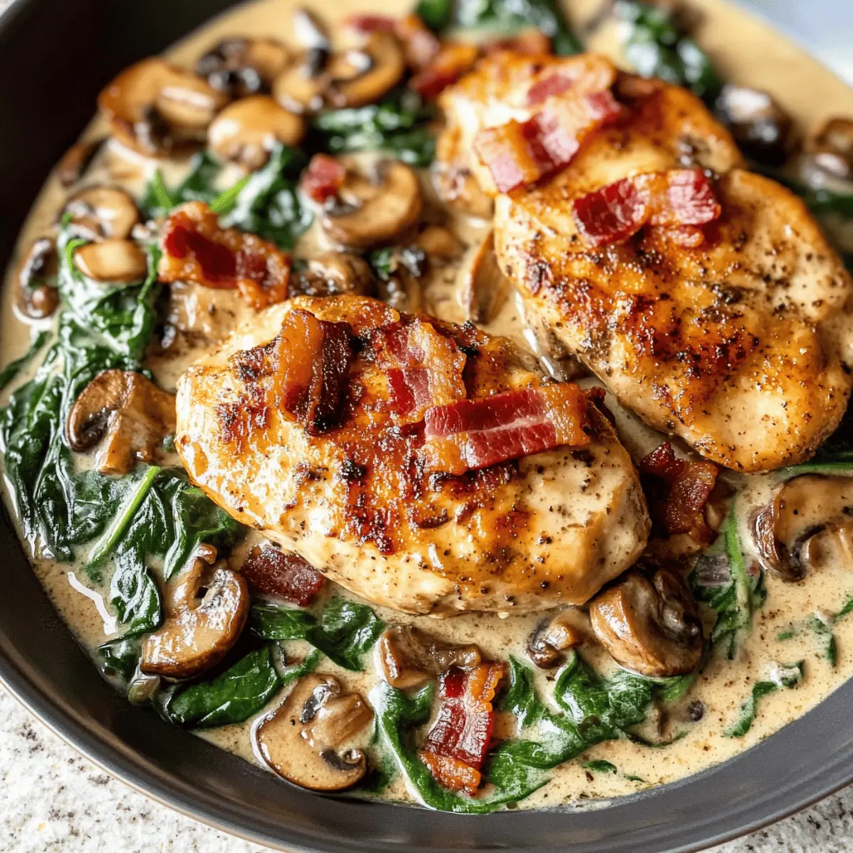 Cremige Balsamico-Spinat-Bacon-Pilz-Hühnchen Freude