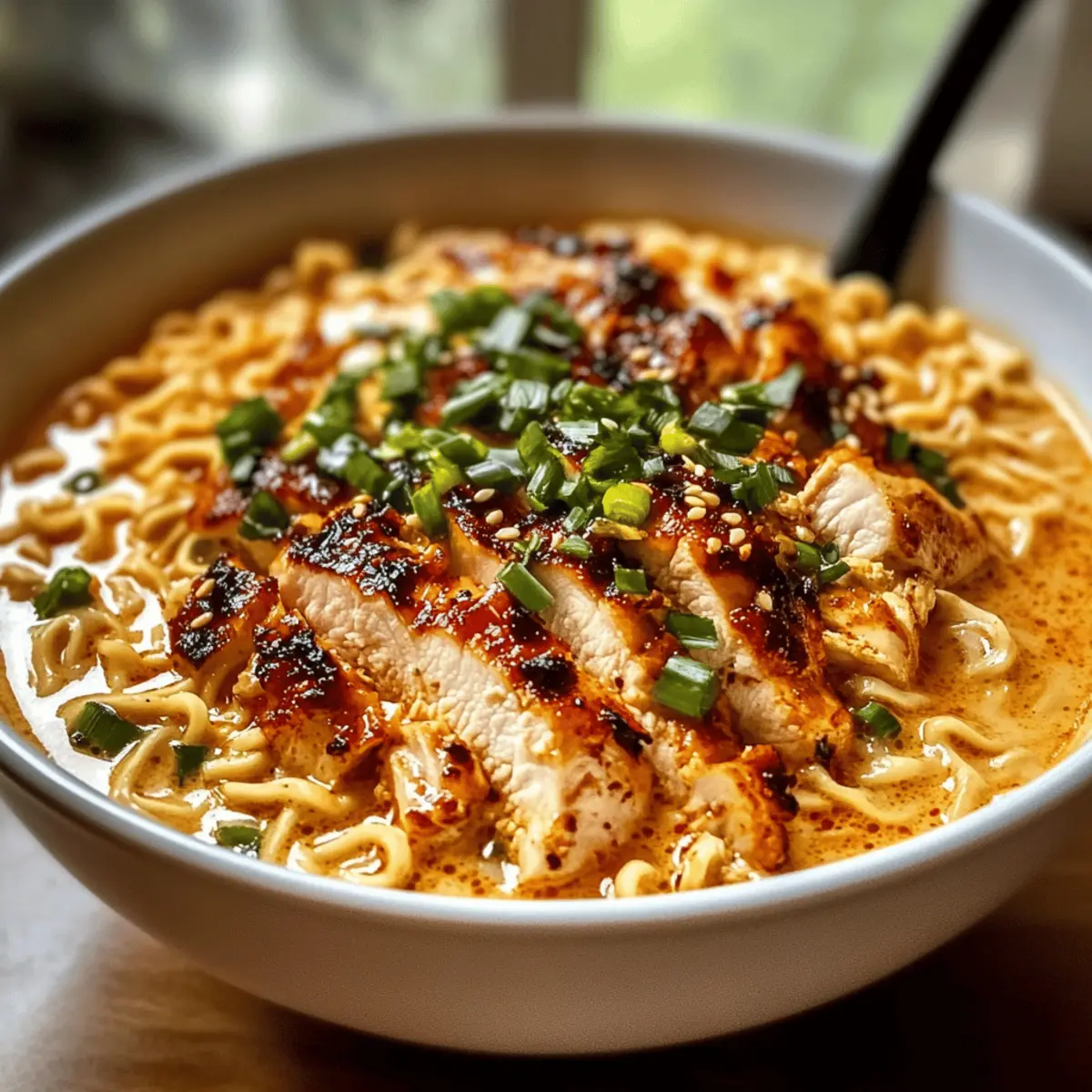 Feurige Hähnchenramen mit cremiger Knoblauchsauce
