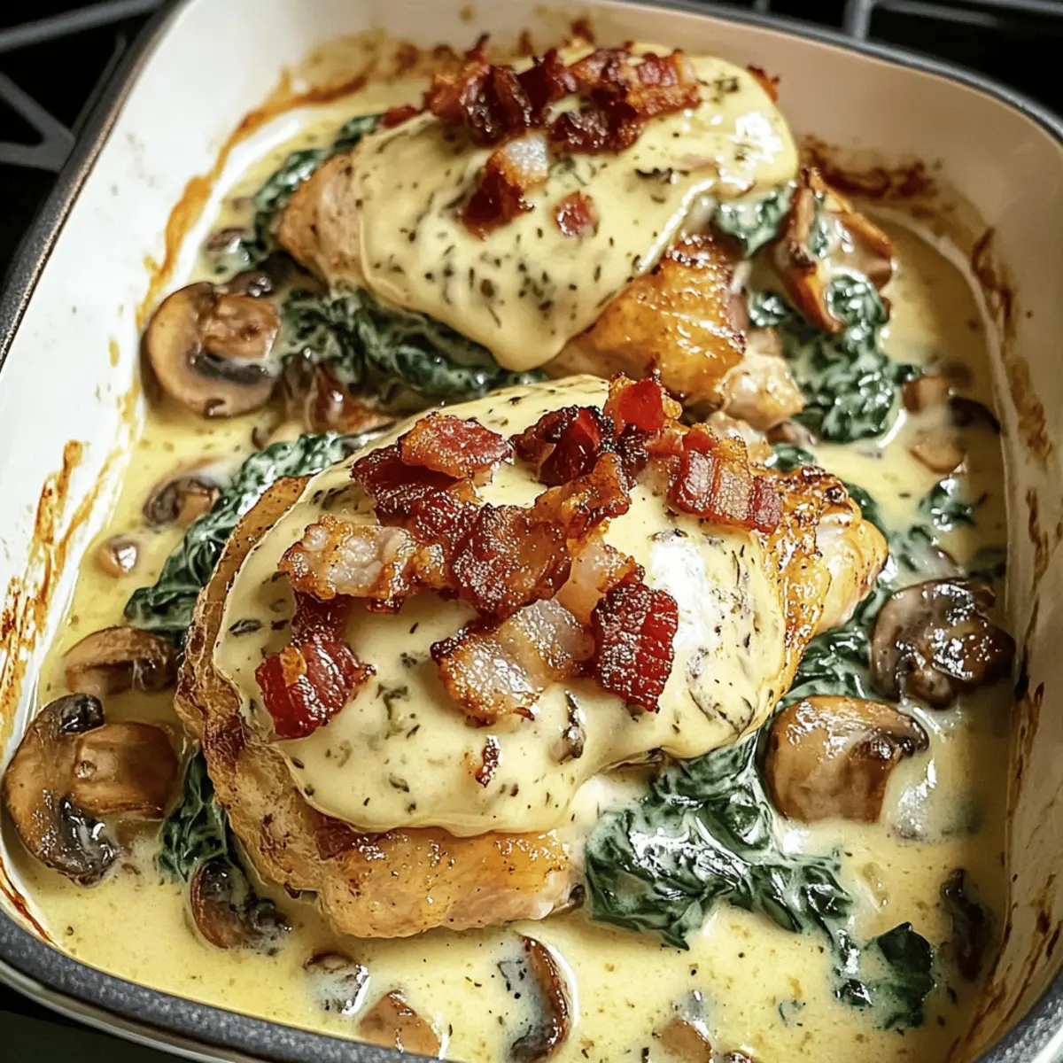 Überbackenes Hähnchen mit Rahm-Spinat und Speck