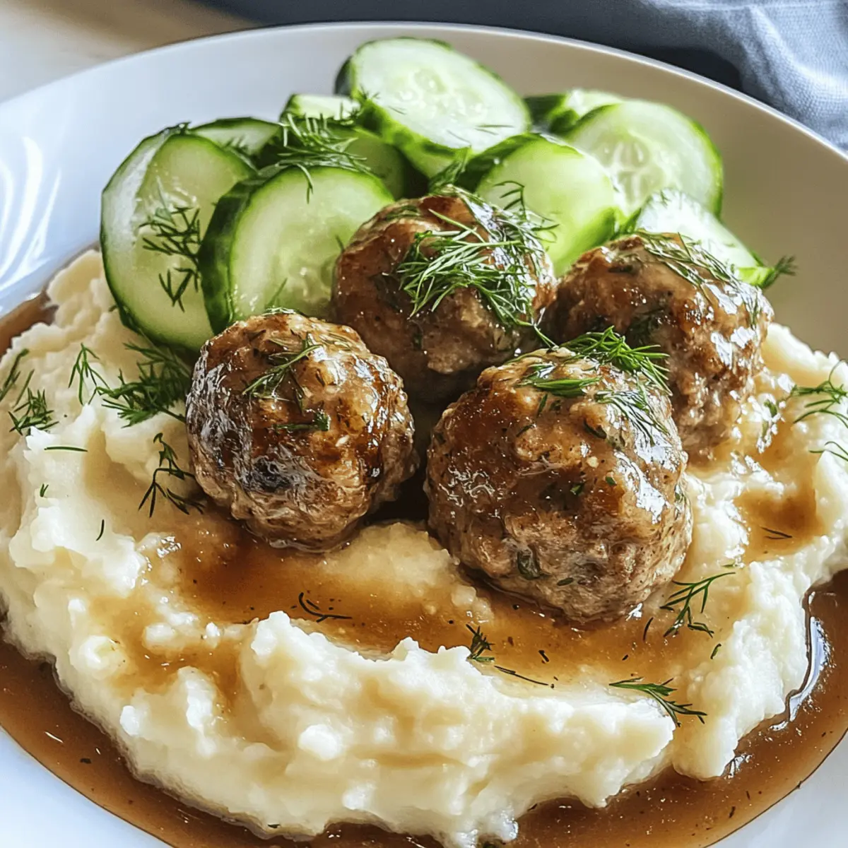Fleischbällchen mit Gurkensalat und Kartoffelstampf genießen