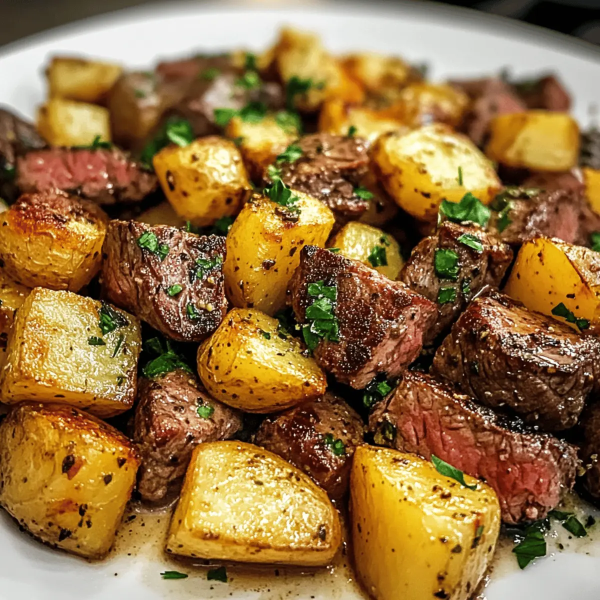 Cremige Knoblauchbutter Steakbissen mit Kartoffeln