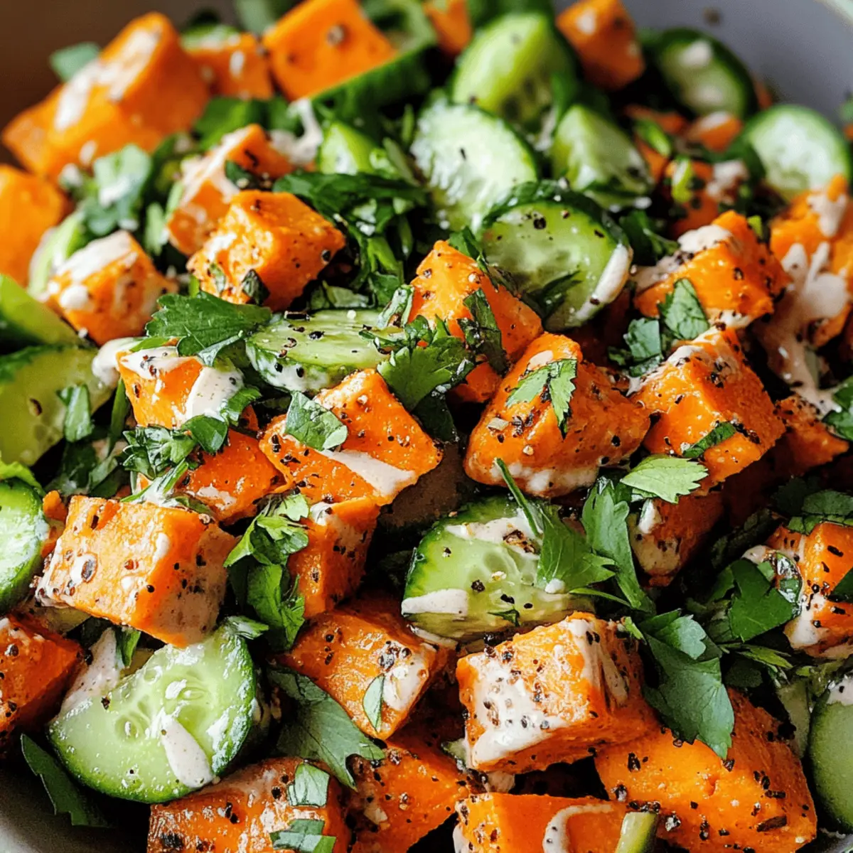 Süßkartoffel-Gurkensalat mit cremigem Miso-Dressing