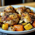 Crispy chicken thighs with oven vegetables