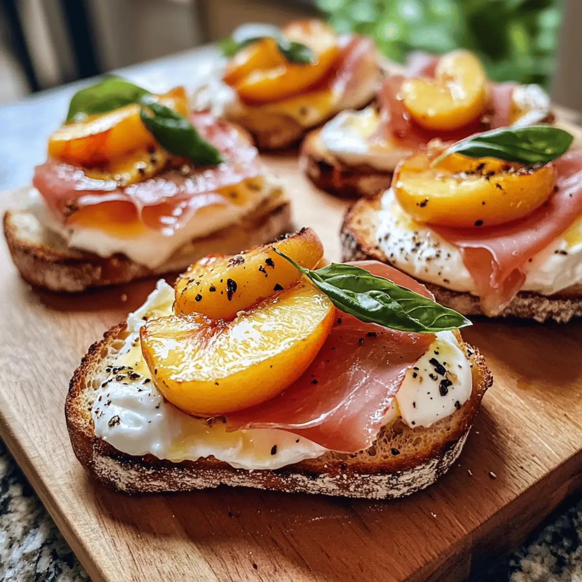 Käse-Burrata-Crostini mit Prosciutto und Pfirsichen