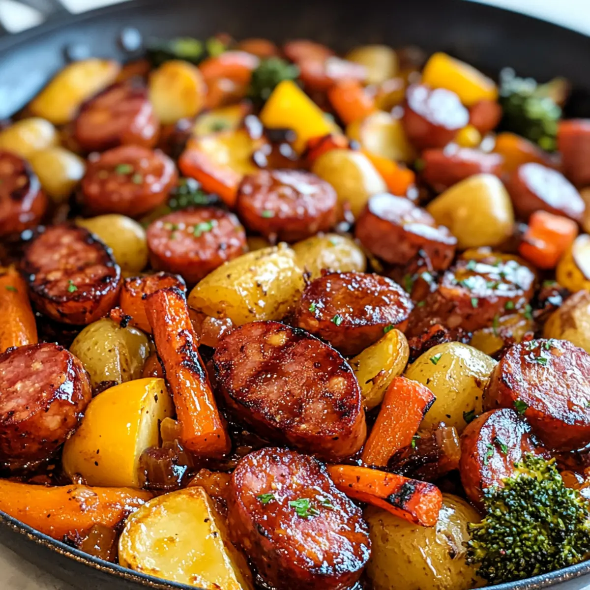 Ein-Pfanne Honig Knoblauch Kielbasa & Gemüse Blitzgericht