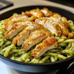 Pesto-Nudeln mit knusprigem Parmesan-Hühnchen
