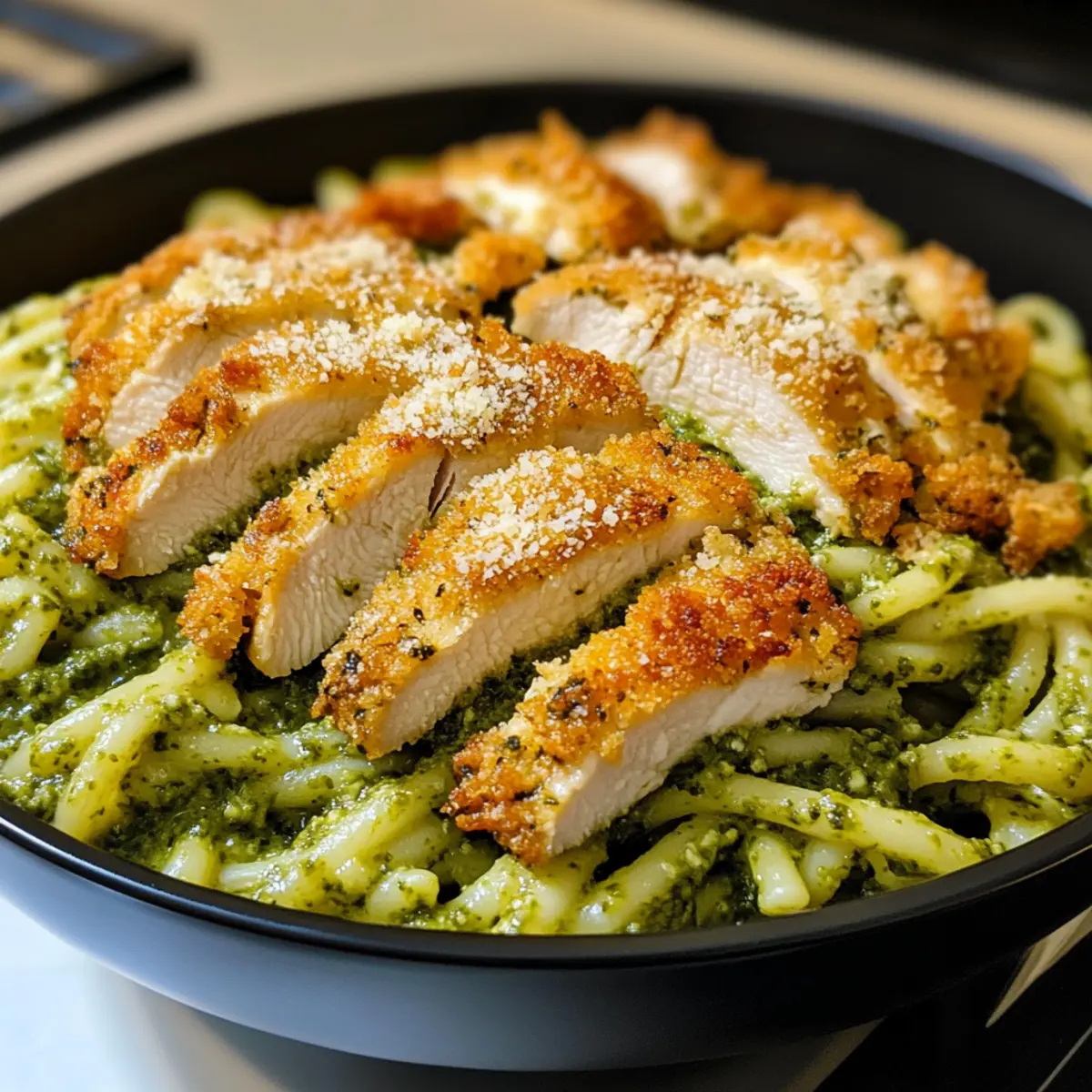 Pesto-Nudeln mit knusprigem Parmesan-Hühnchen