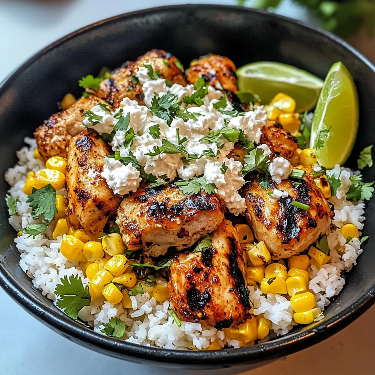 Straßenmais-Hühnchen-Reis-Bowl für den Wow-Effekt