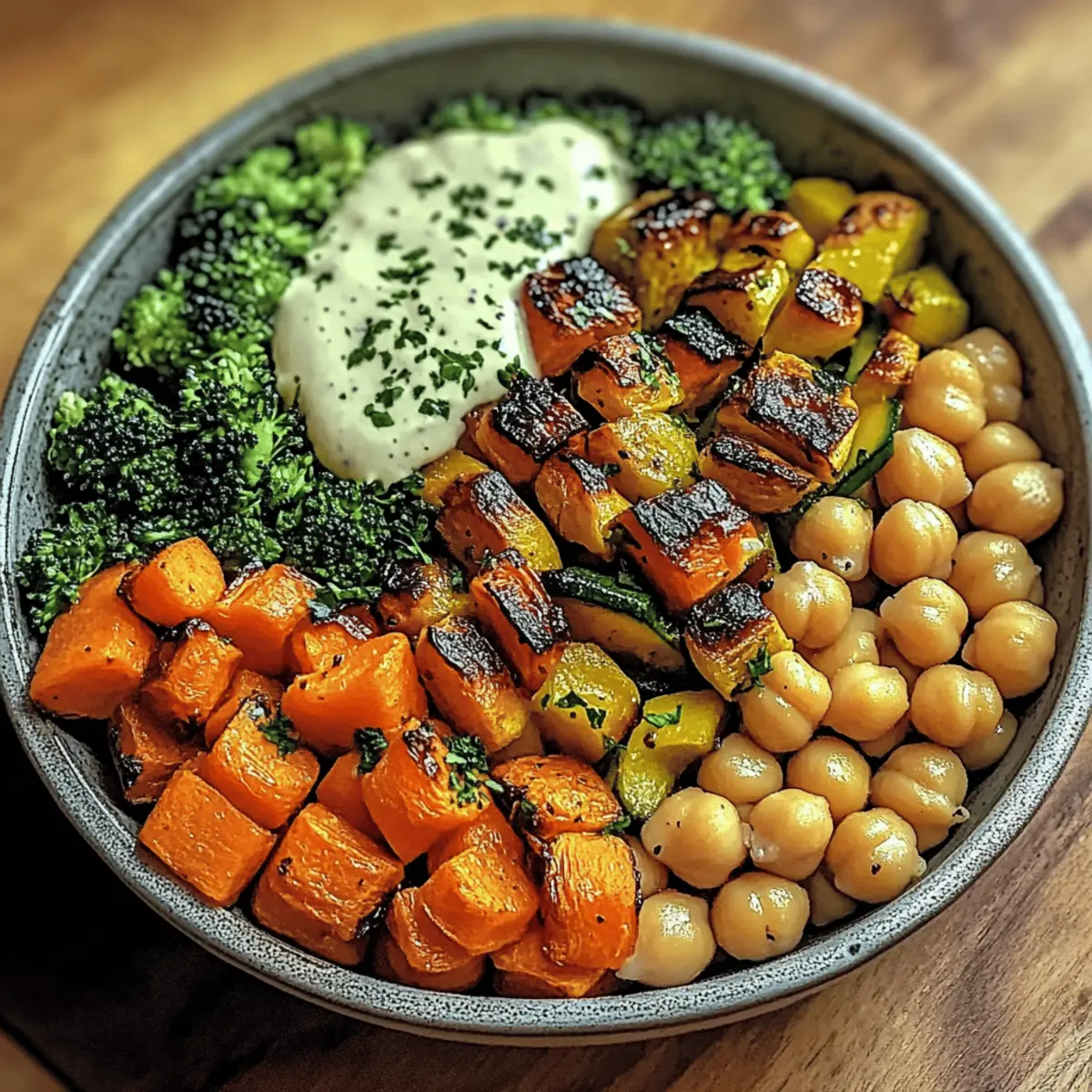 Geröstete Gemüse-Kichererbsen-Bowl mit Dressing