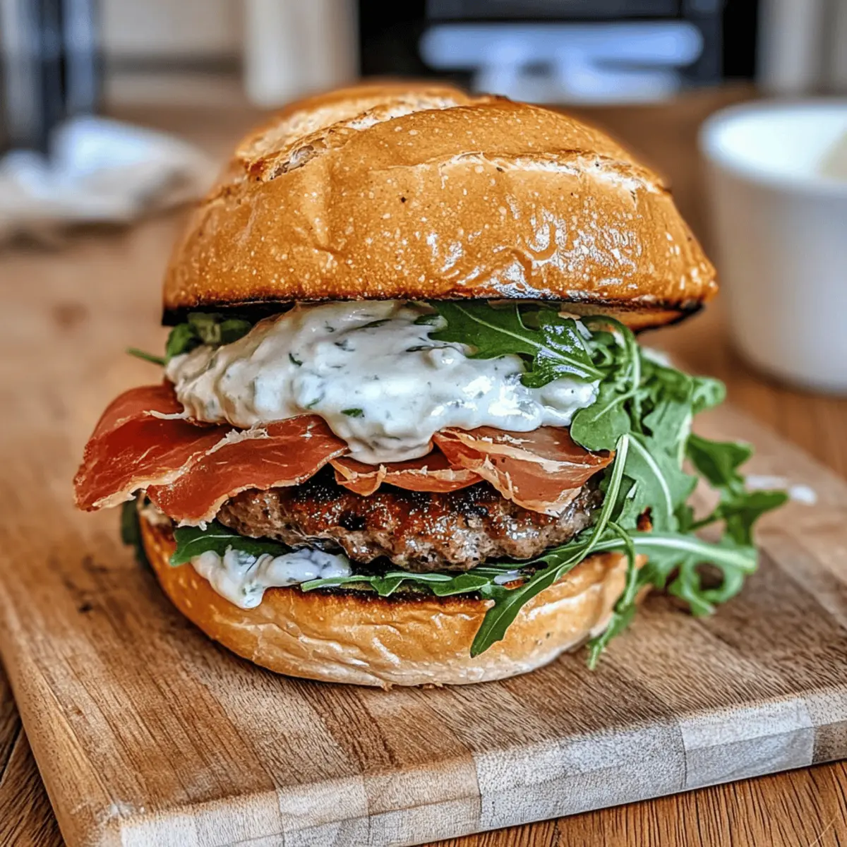 Italienischer Burger mit knusprigem Prosciutto jetzt genießen