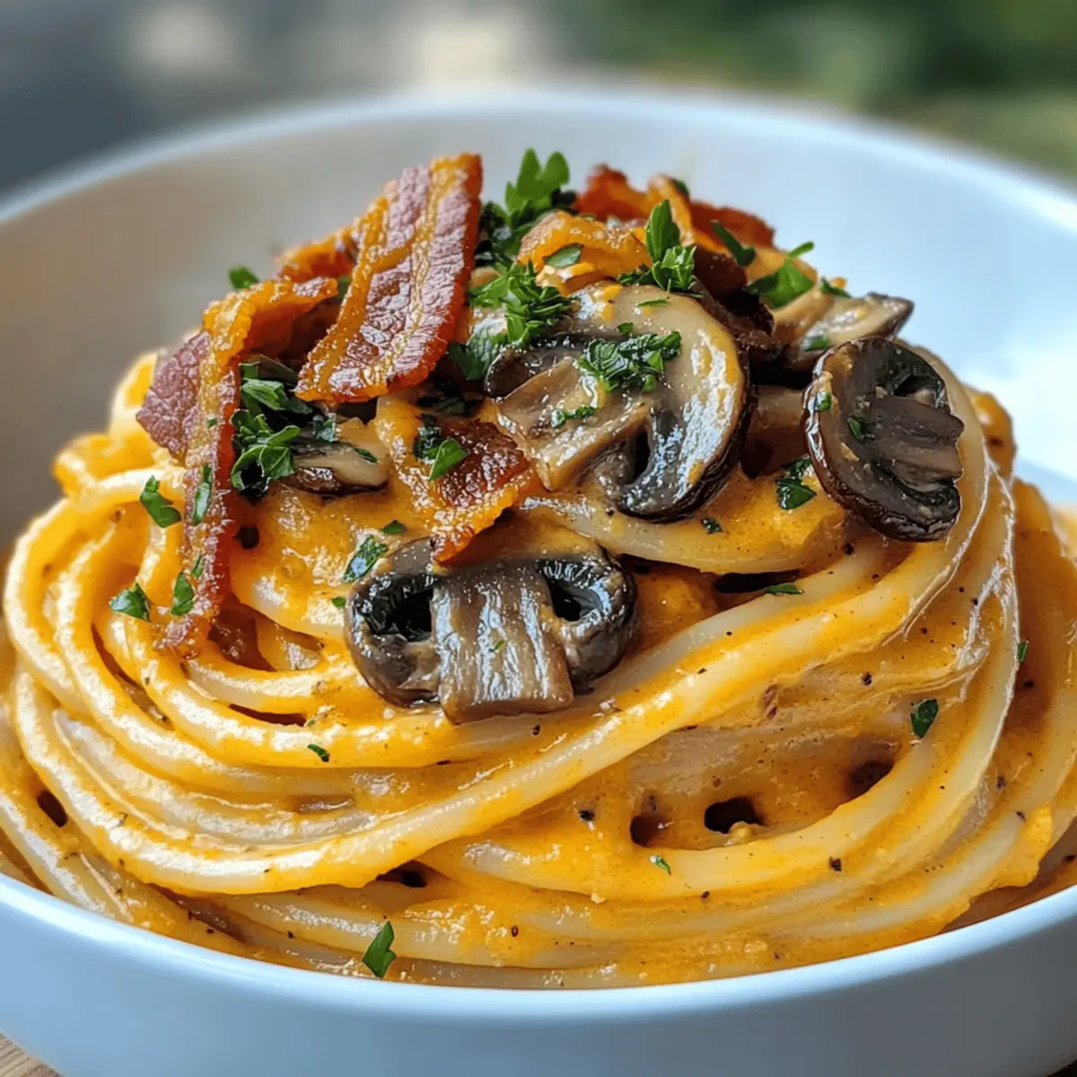 Kürbis- und Pilzspaghetti mit knusprigem Speck