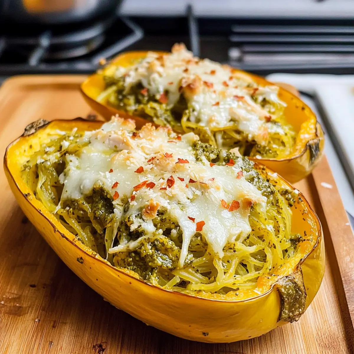Überbackenes Pesto-Hühnchen-Spaghetti-Kürbis genießen