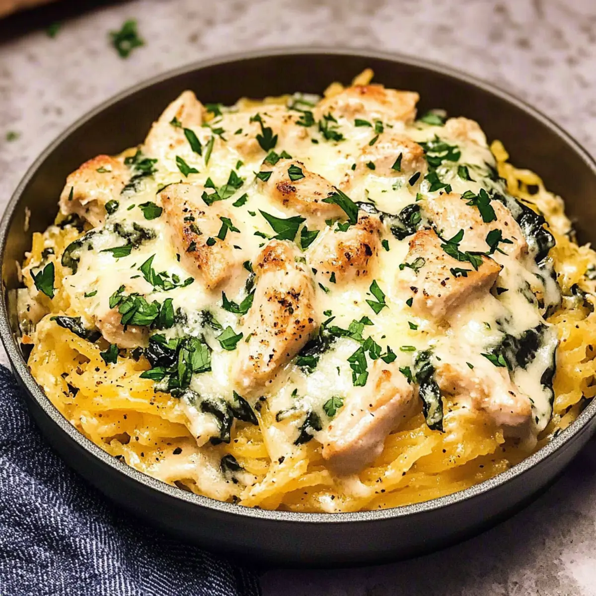 Hühnchen und Spinat Spaghetti Kürbis Alfredo leicht gemacht