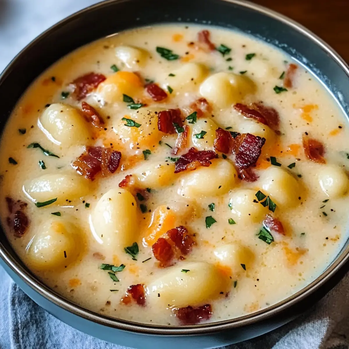 Cremige Speck Cheddar Gnocchi Suppe für Soulfood-Fans