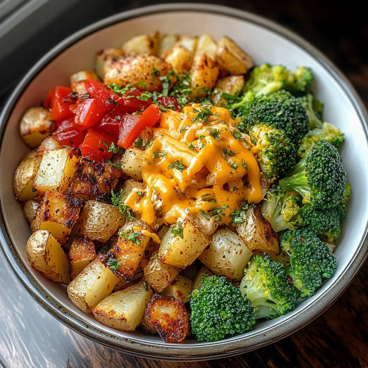 Knusprige Kartoffel- und Hähnchen-Schüssel genießen