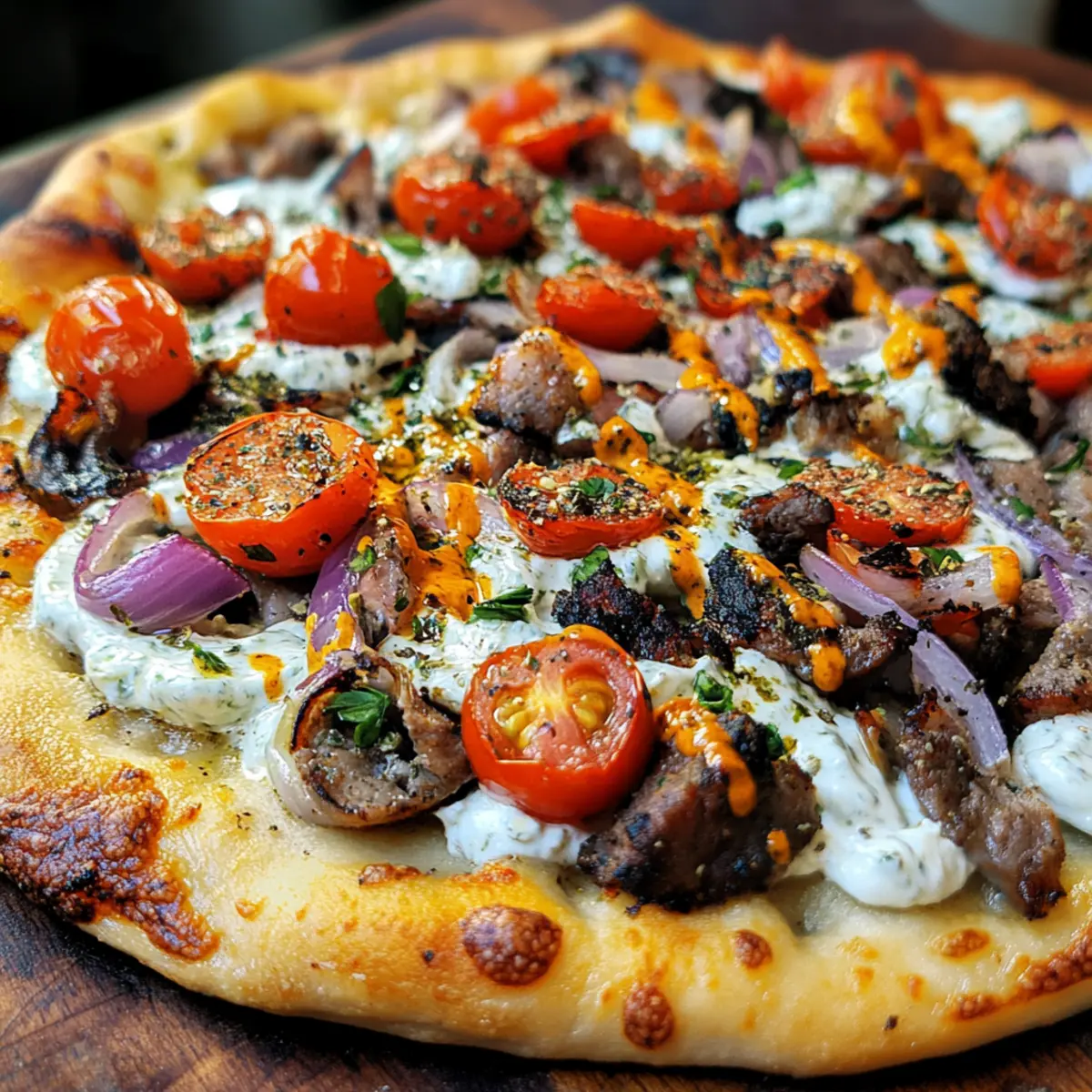 Gyro Pizza mit Tzatziki-Drizzle für Zuhause