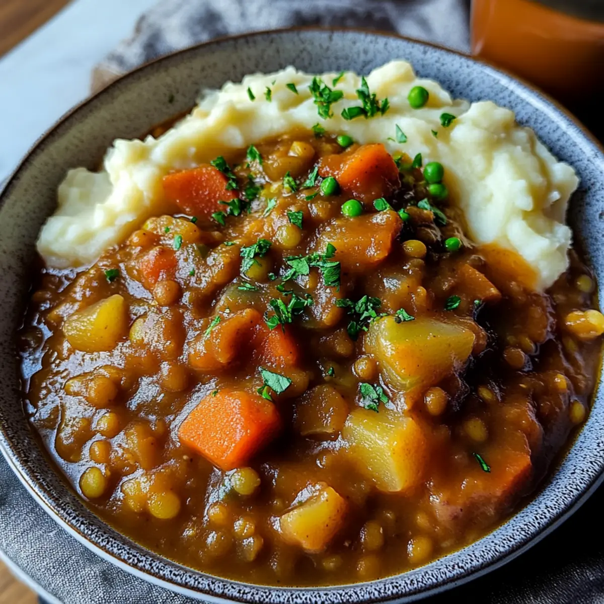 Herzhafter Linseneintopf mit cremigem Kartoffelbrei