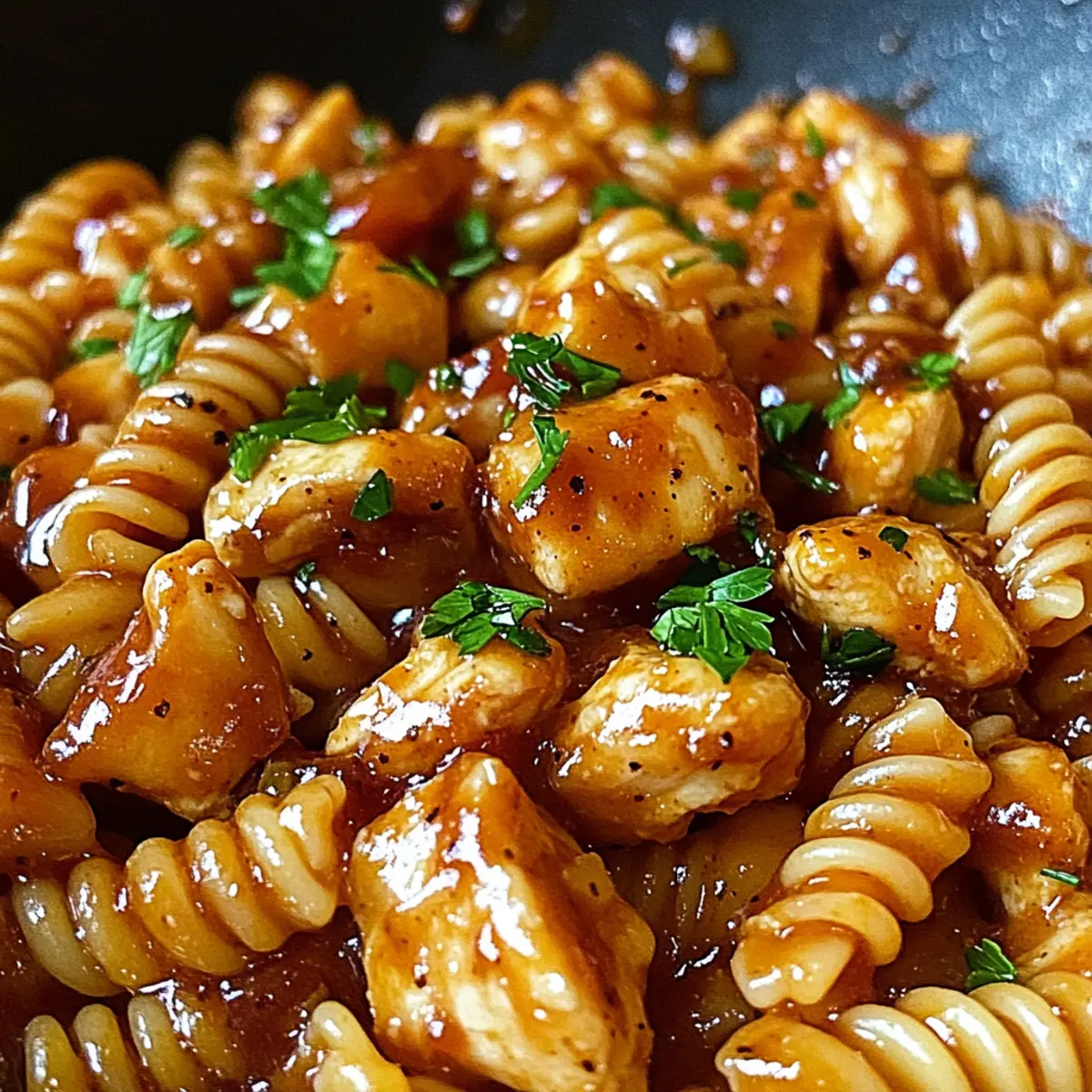 Ein-Topf Honig Knoblauch BBQ Hähnchen Pasta schnell zubereitet