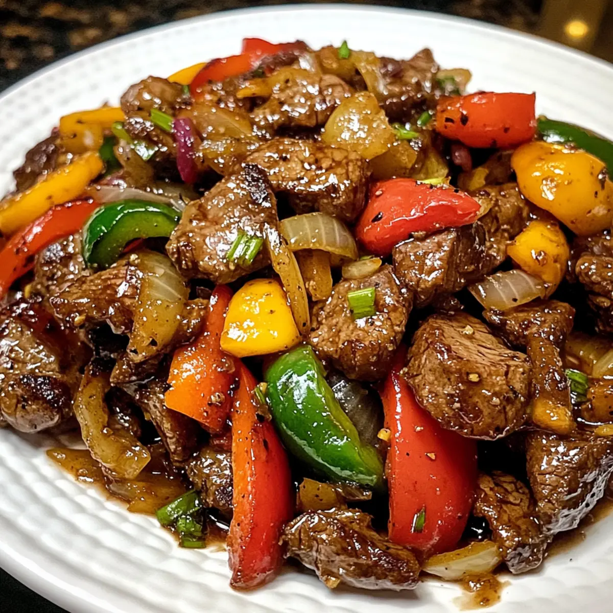 Pfeffersteak mit bunten Paprika und Zwiebeln