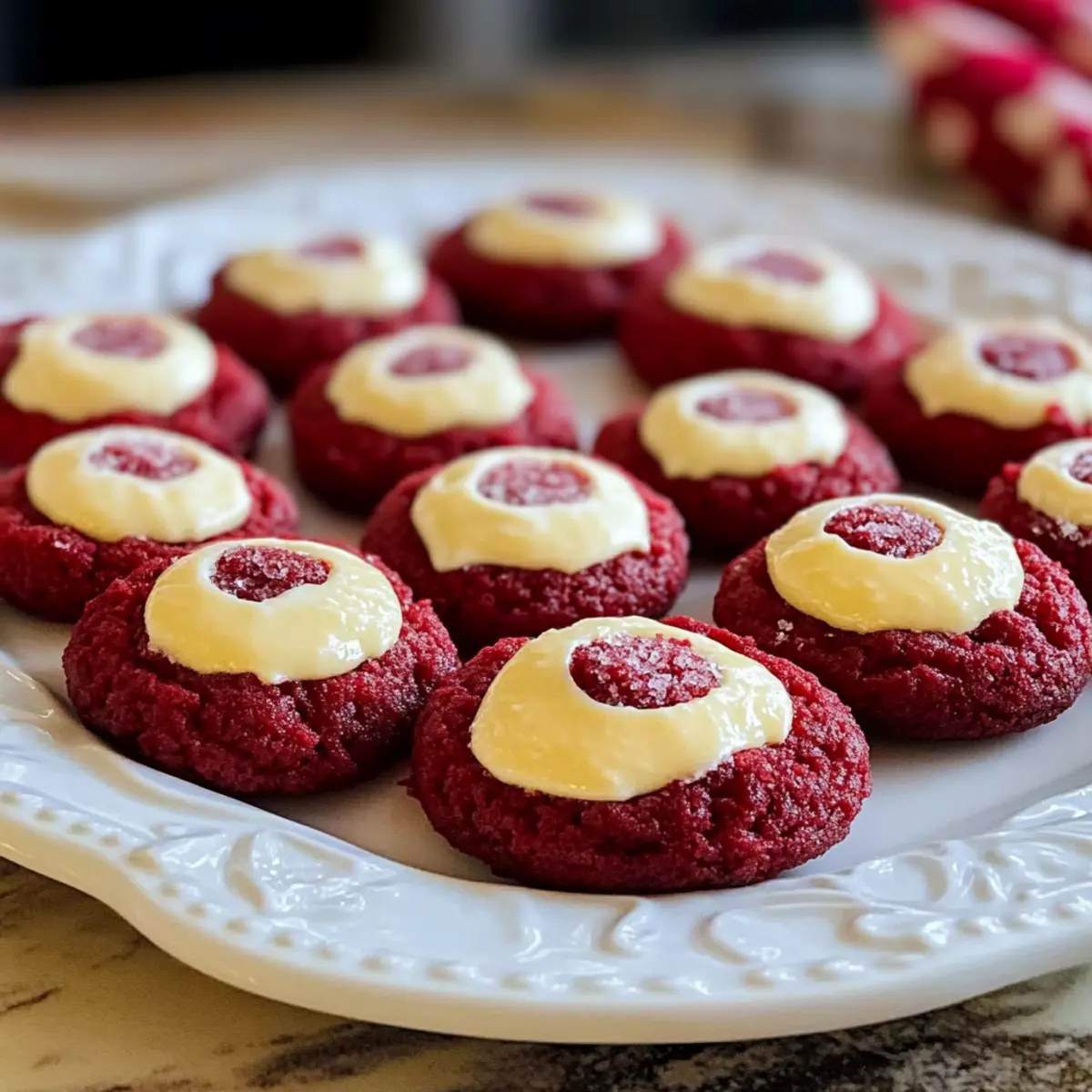 Rote Samt Daumenabdrücke Kekse mit Frischkäse genießen