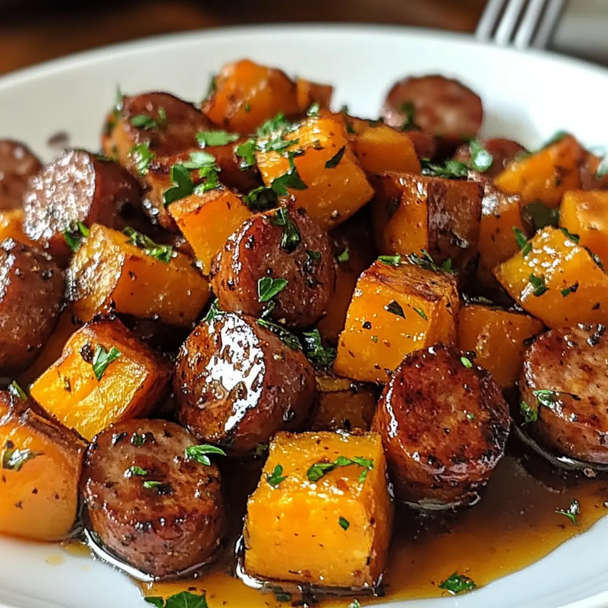Wurst und Süßkartoffeln mit Honig-Knoblauch-Sauce