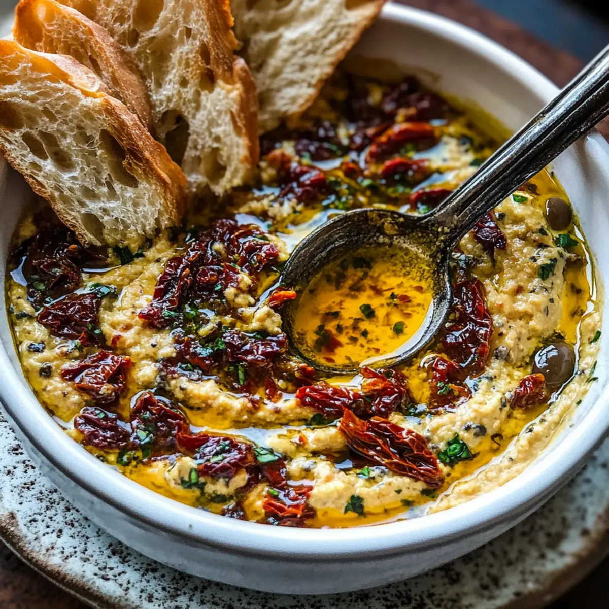 Sonnengetrocknete Tomaten Olivenöl Brot Dip genießen