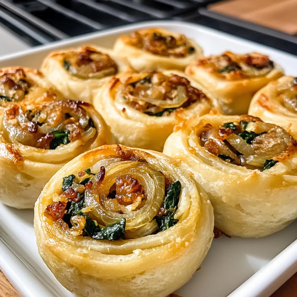 Veganisierte karamellisierte Zwiebel- und Spinat-Pizzarollen