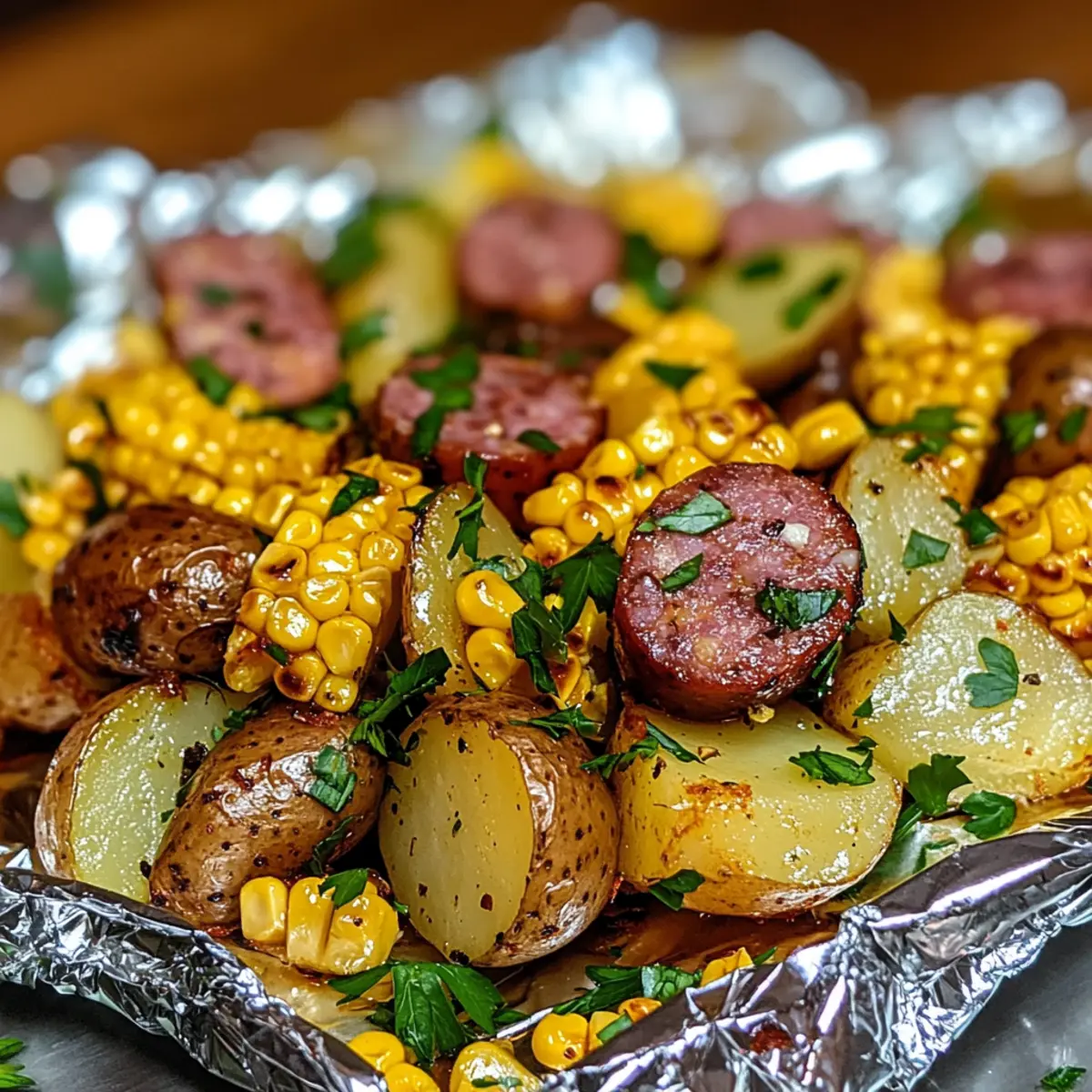 Vegetarische Folienpackungen mit Mais und Kartoffeln