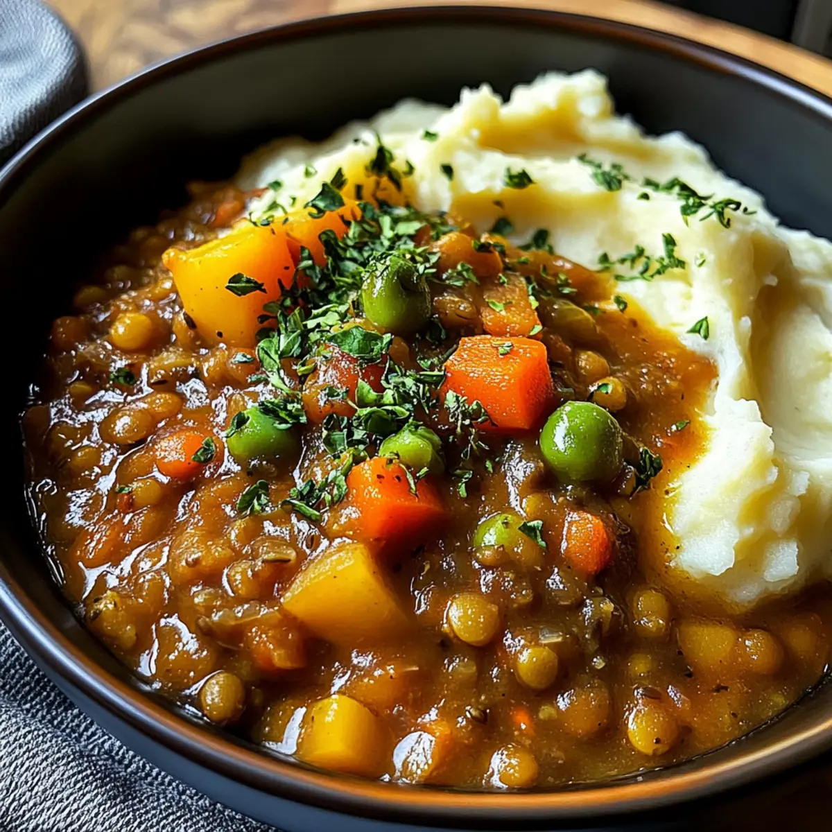 Herzhaftes Linseneintopf mit cremigem Kartoffelpüree genießen