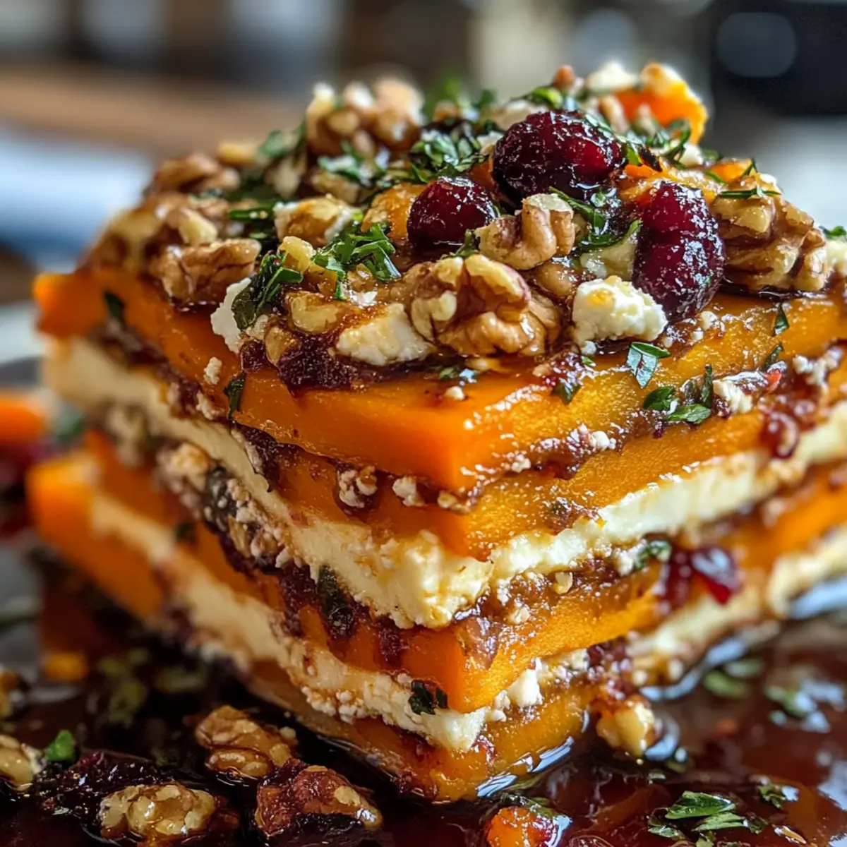 Geschichtete Süßkartoffel-Buchternut-Lasagne mit Feta