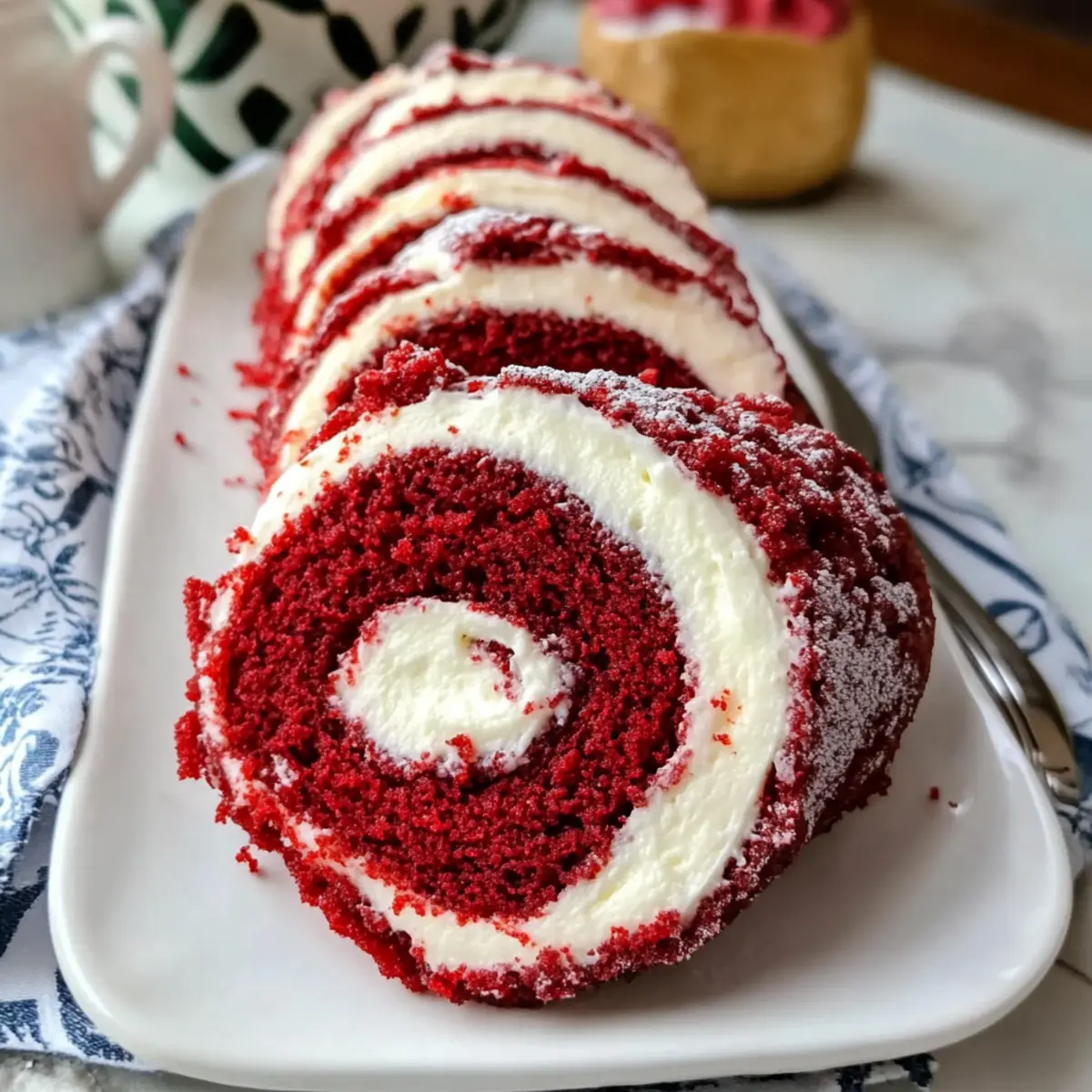 Roter Samtkuchenrolle mit Frischkäsefüllung