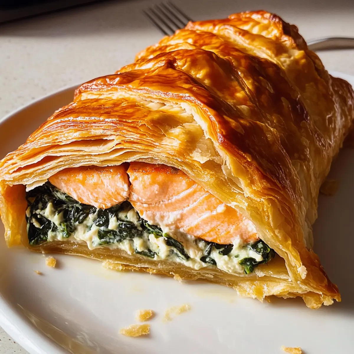 Lachs im Blätterteig mit Spinat und Käse füllen