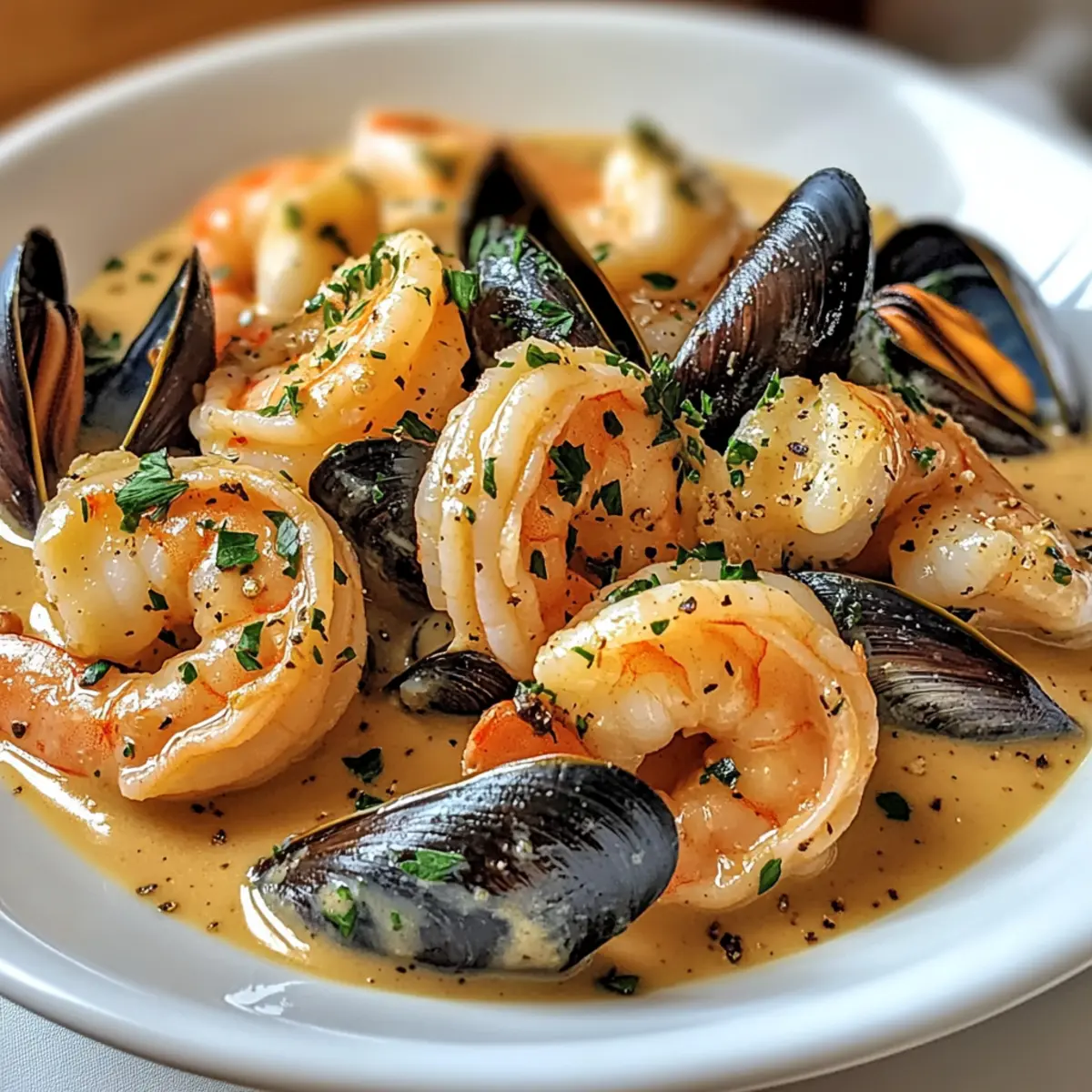 Garnelen und Muscheln in cremiger Knoblauchsauce genießen