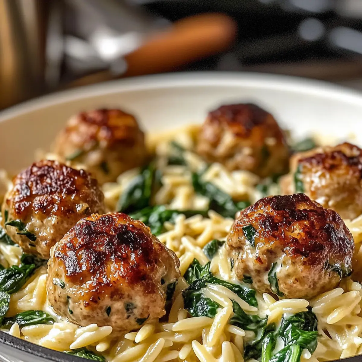 Gebackene Hähnchen-Ricotta-Fleischbällchen mit Spinat-Orzo