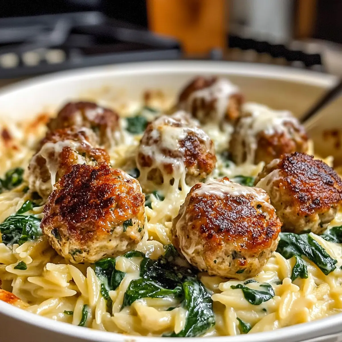 Gebackene Hähnchen-Ricotta-Fleischbällchen und Spinat-Orzo