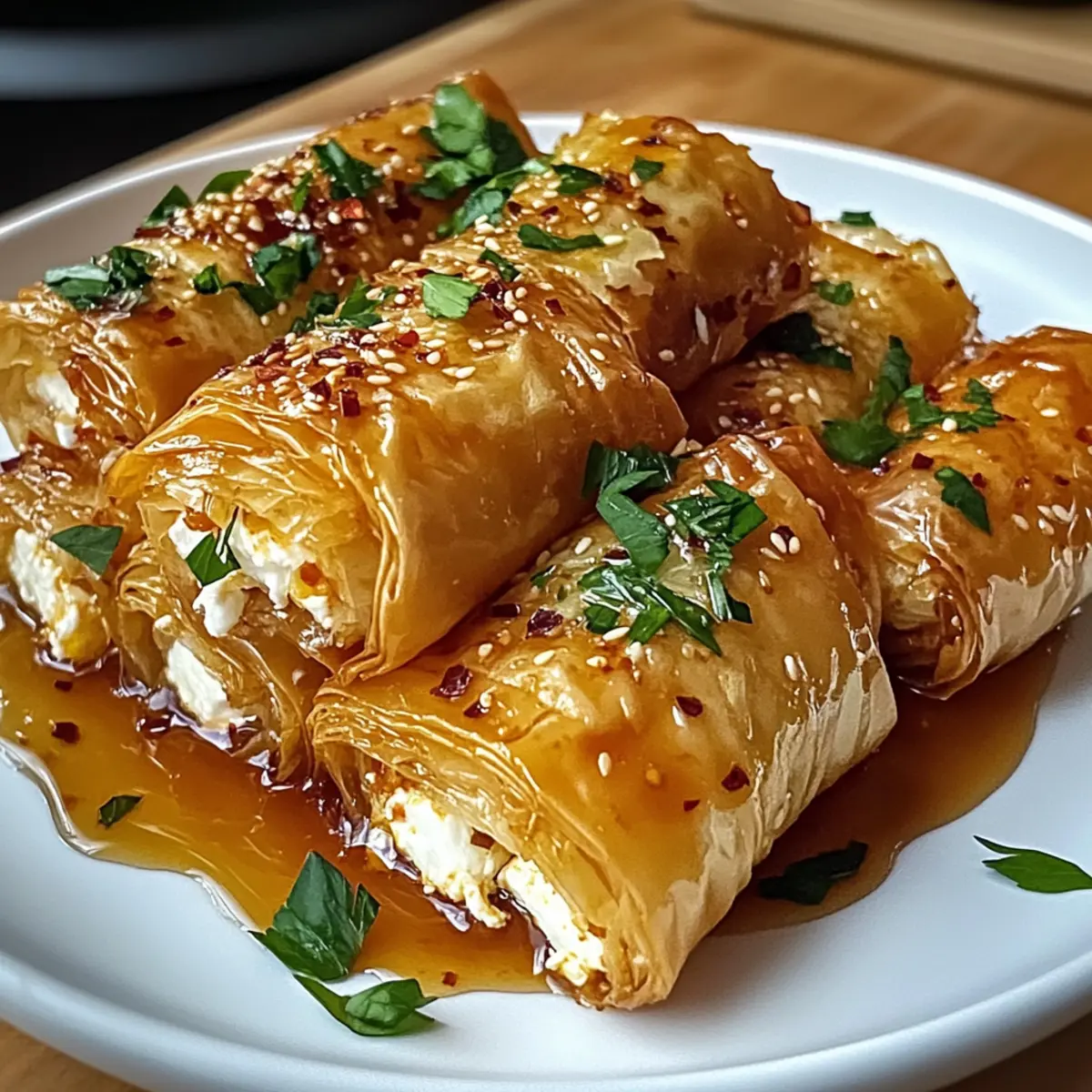 Knusprige Ofenfrittierte Feta-Röllchen mit Honig Drizzle