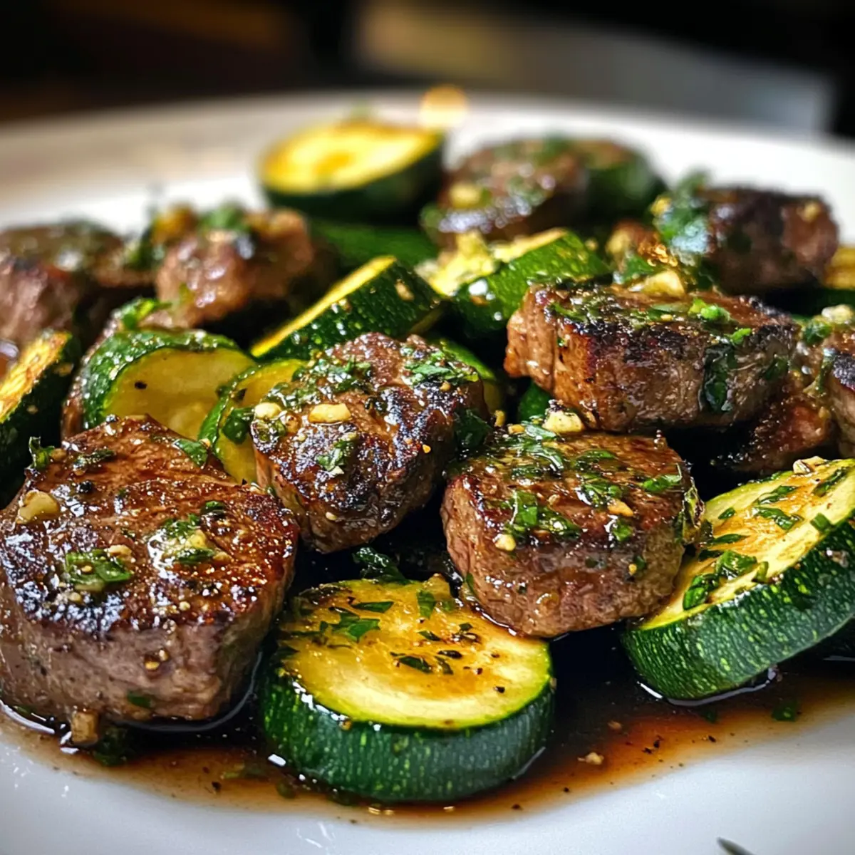 Knoblauchbuttersteakbissen mit Zucchini in 15 Minuten